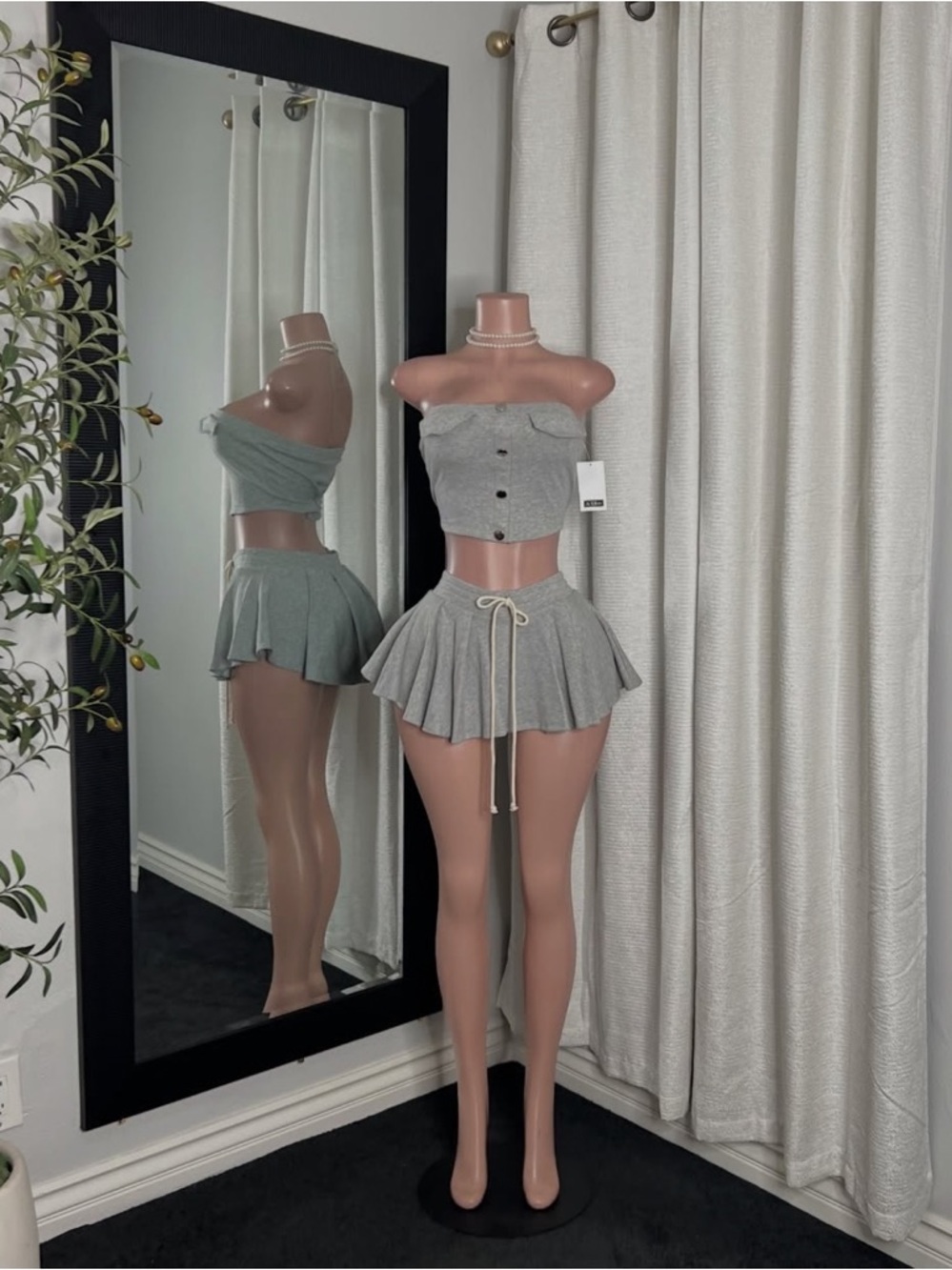 Gray Two-Piece Ribbed Tube Top & Skirt Set